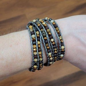 NEW! Skulls, Red Jasper, and Hematite on Gray Leather Wrap Bracelet